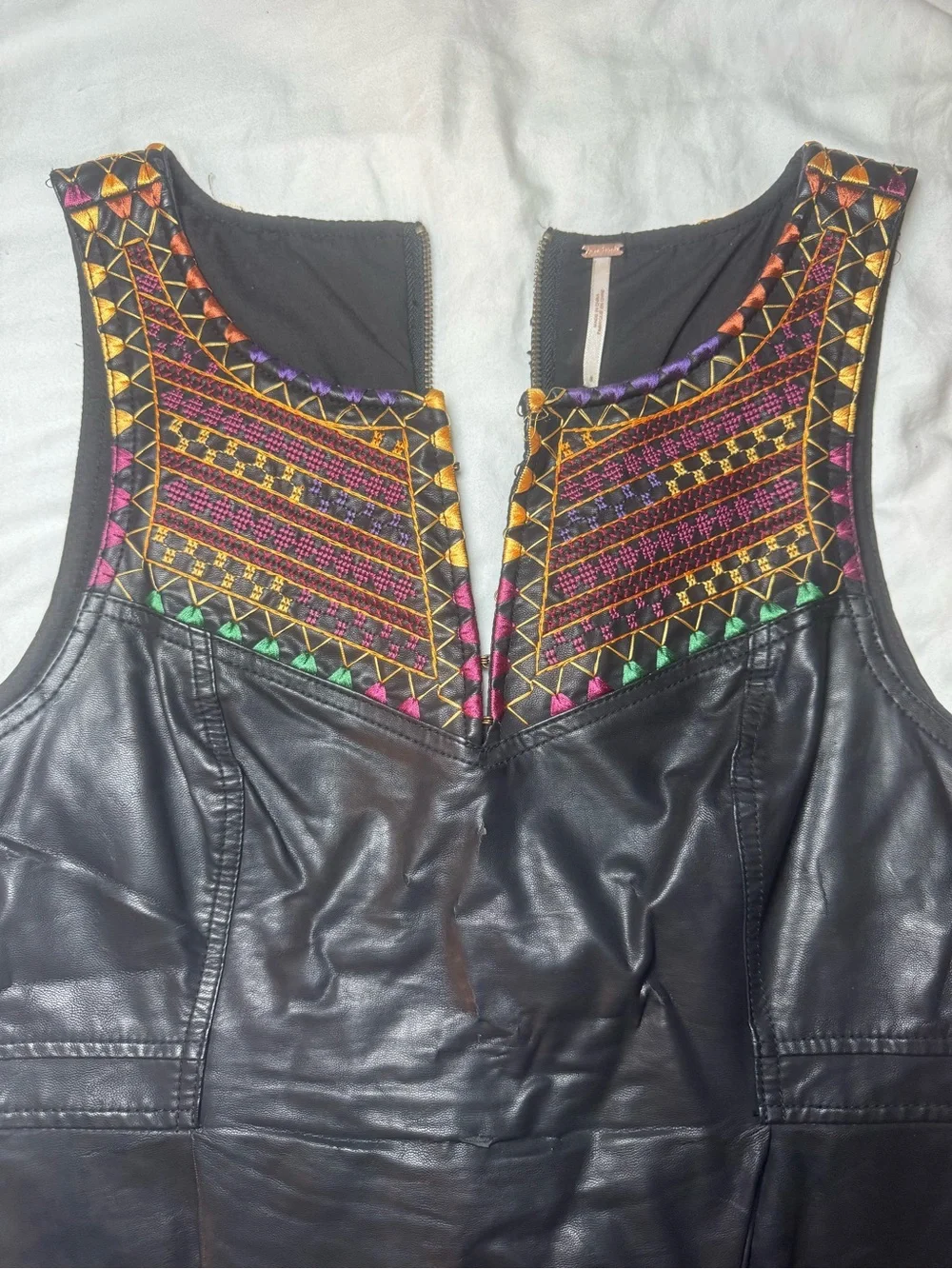 Free People Sleeveless Black Vegan-Leather Dress with Colorful Embroidered Yoke